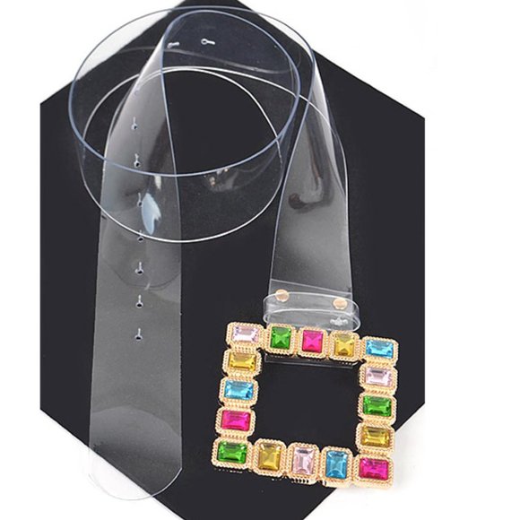 BNWT Plus Size Crystal Square Buckle Cleared Transparent Fashion Belt - Picture 5 of 5